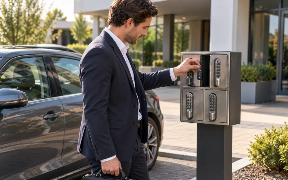Muž v obleku s kufříkem bere klíč z nerezové schránky na sloupku před budovou, vedle stojí tmavé auto