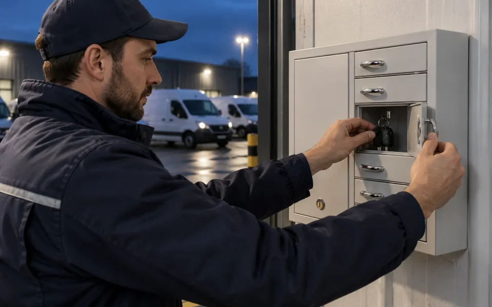 Večer u vstupu do skladu bere řidič klíč od dodávky z otevřených bočních dvířek šedé skříně na klíče, venku stojí dodávky
