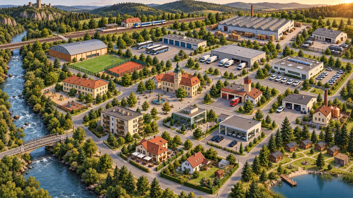 Ilustrovaná mapa městečka se sportovištěm, radnicí, penzionem a firmami