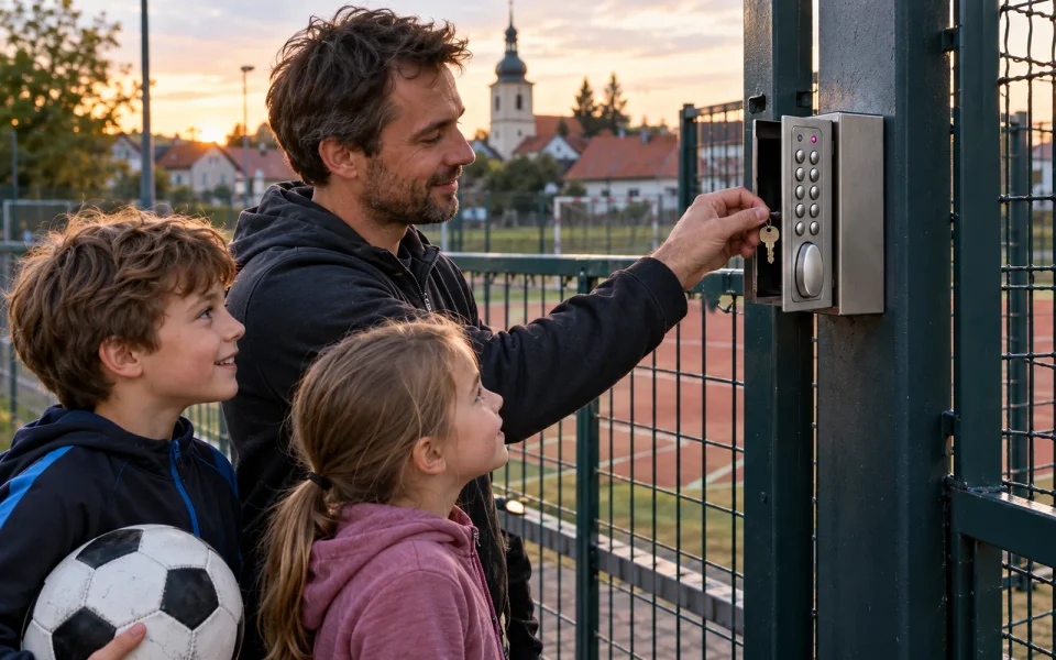 Muž bere klíč ze schránky s klávesnicí na sloupku plotu hřiště, vedle něj chlapec s fotbalovým míčem a dívka, vzadu kurt a věž kostela