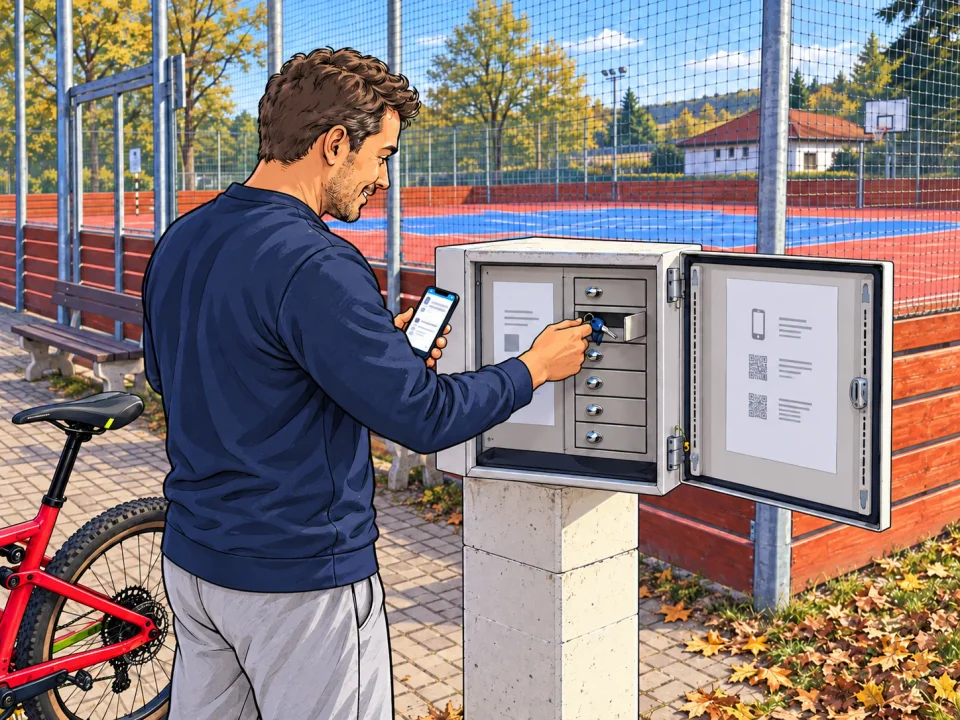 Ilustrace návštěvníka vyzvedávajícího klíč ze šesti přihrádek v ochranné skříni u víceúčelového hřiště v České Bělé.