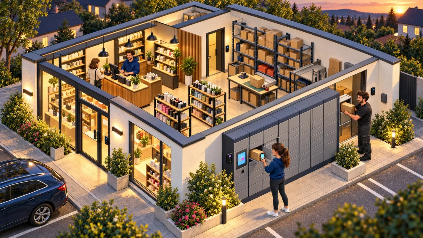 Řez prodejnou e-shopu s výdejním boxem u vchodu a skladem, odkud zaměstnanec plní přihrádky