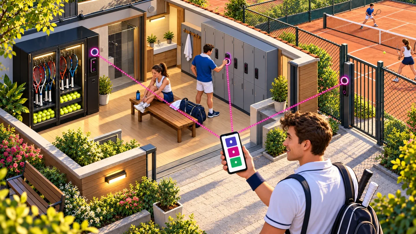 Řez tenisovým areálem s výdejní skříní na rakety a míčky, šatními skříňkami a čtečkou u branky na kurt, hráč otevírá vše jedním mobilem