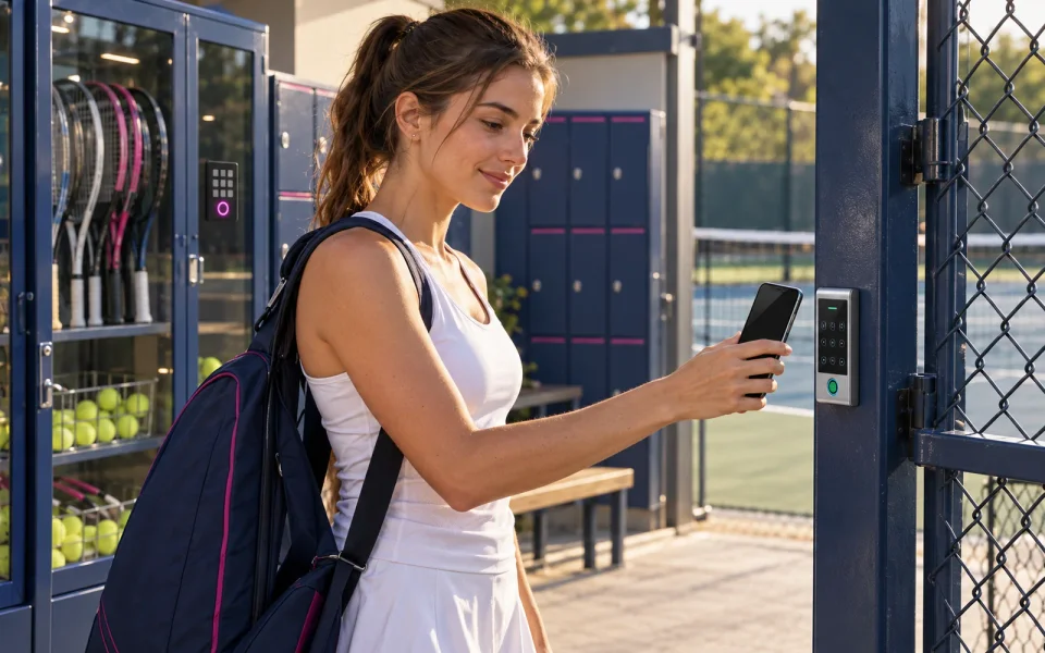 Hráčka s taškou na rakety drží telefon u čtečky na sloupku branky kurtu, vzadu skříň s raketami a míčky a tmavě modré šatní skříňky