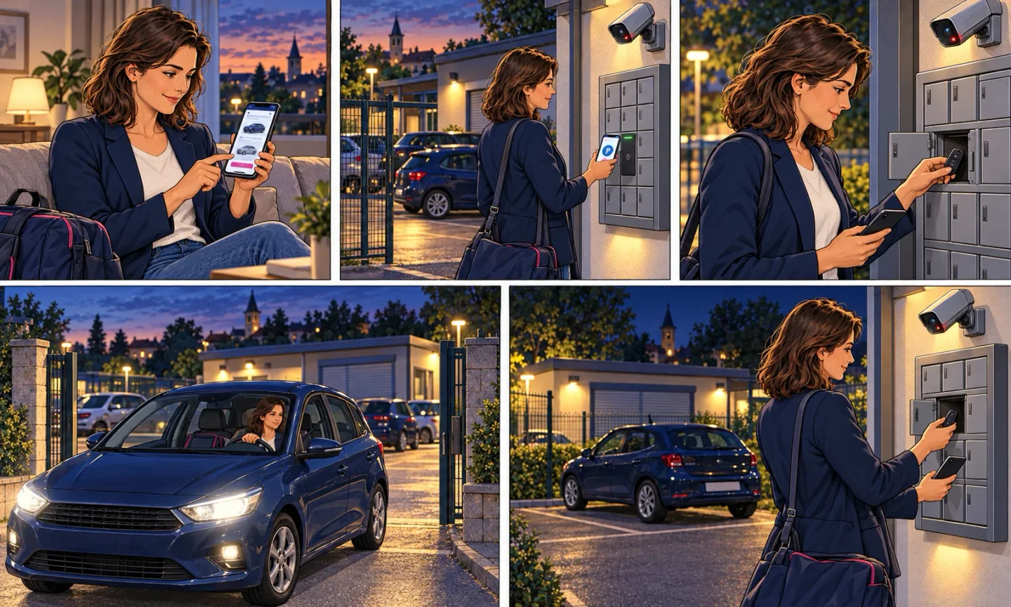 Samoobslužná autopůjčovna: online rezervace auta, ověření u schránky sledované kamerou, vyzvednutí klíče, odjezd a vrácení klíče po pracovní době.