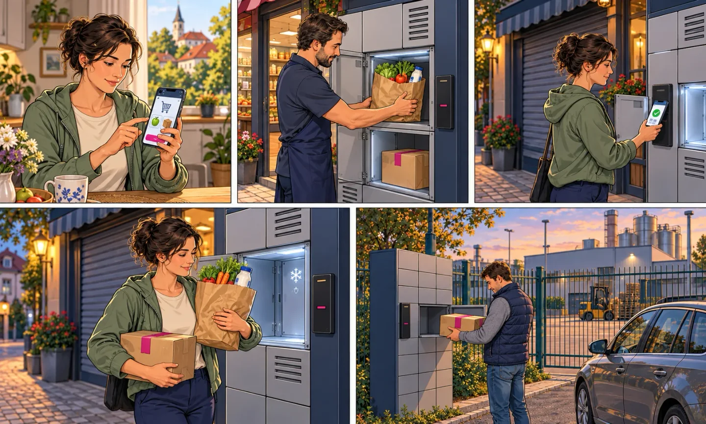 Výdej objednávek: nákup online, vložení zboží do boxu obsluhou, otevření boxu po zavření prodejny, vyzvednutí potravin a alternativní výdej z boxu před uzavřeným podnikovým areálem.