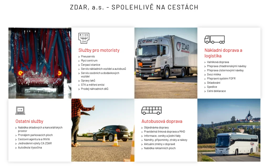 Grafický přehled služeb společnosti ZDAR v dopravě a logistice